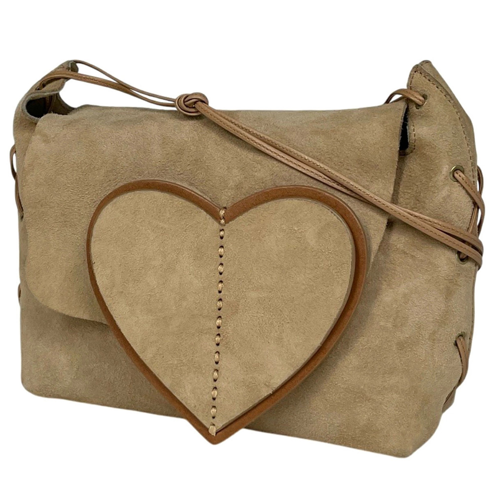 Gucci Heart Motif Shoulder Bag Crossbody Suede Beige